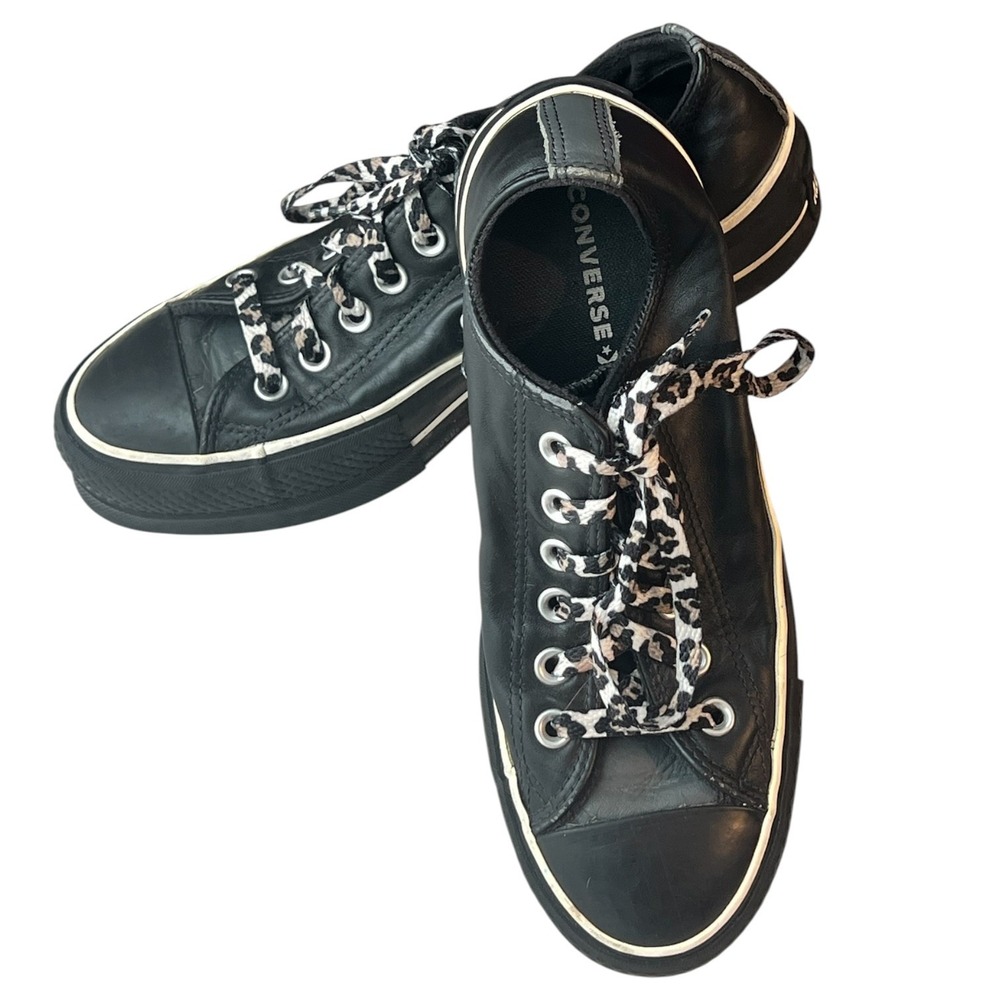 Converse Chuck Taylor All Star Platform Black Leather Leopard Lace‎ Sneakers 7.5